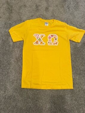Yellow tee with owl Chi Omega Letters
